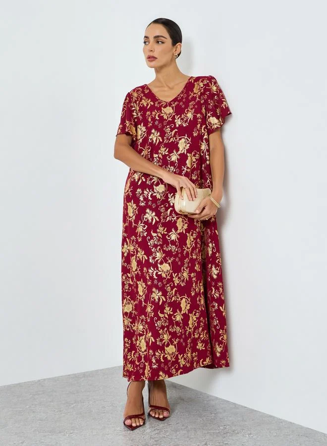 تايك تو جلابية بطبعة زهور وأكمام قصيرة